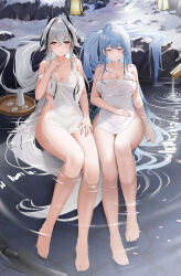 Rule 34 | 2girls, azur lane, black horns, blue hair, bottle, breasts, closed eyes, collarbone, covering privates, full body, grey hair, highres, holding, holding towel, horns, kursk (azur lane), kursk (lone wolf amid the steam) (azur lane), large breasts, legs, long hair, looking at viewer, multicolored hair, multiple girls, naked towel, nude cover, official alternate costume, onsen, partially submerged, qing wu, red eyes, sake bottle, snow, stone lantern, streaked hair, thighs, towel, very long hair, voroshilov (azur lane), voroshilov (devoted as the warm snow) (azur lane), white towel