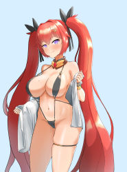 Rule 34 | 1girl, blush, breasts, cleavage, fang, highres, large breasts, last origin, long hair, may of doom, mole, mole on breast, navel, red hair, skindentation, slingshot swimsuit, smile, solo, swimsuit, takemaguro, thighs