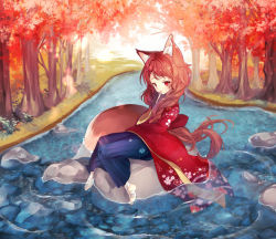 Rule 34 | 1girl, animal ear fluff, animal ears, autumn, bad id, bad pixiv id, bandaged foot, bandages, blue hakama, braid, brown hair, commentary, english commentary, finger to mouth, floral print, fox ears, fox girl, fox tail, fuyusuke (hz+), hair ornament, hairclip, hakama, hakama skirt, hand up, highres, japanese clothes, kimono, long hair, long sleeves, looking at viewer, original, parted lips, print kimono, red eyes, red kimono, sitting, skirt, solo, tail, tree, very long hair, water, wide sleeves