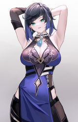 Rule 34 | 1girl, absurdres, armpits, arms behind head, arms up, bead necklace, beads, black hair, blue dress, blue hair, blunt bangs, breasts, cleavage, detached sleeves, dice, dress, genshin impact, green eyes, highres, jewelry, large breasts, looking at viewer, mole, mole on breast, multicolored hair, nagata gata, neck tassel, necklace, parted lips, short hair, simple background, single detached sleeve, sleeveless, sleeveless dress, solo, two-tone hair, yelan (genshin impact)