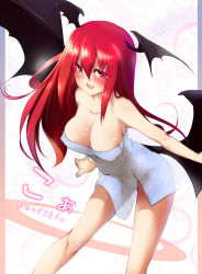 Rule 34 | 1girl, bad id, bad pixiv id, bare legs, bare shoulders, blush, breasts, cleavage, dot r, covered erect nipples, female focus, head wings, highres, koakuma, large breasts, leaning forward, long hair, low wings, naked towel, red eyes, red hair, smile, solo, embodiment of scarlet devil, touhou, towel, wings