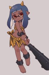 Rule 34 | 1girl, bad id, bad twitter id, barefoot, bikini, blue hair, blunt bangs, bracelet, closed mouth, club, club (weapon), commentary, dark-skinned female, dark skin, frown, full body, gomi (kaiwaresan44), grey background, head tilt, holding, holding weapon, horns, inkling, inkling girl, inkling player character, jewelry, long hair, looking at viewer, nintendo, oni costume, oni horns, orange bikini, orange eyes, orange sarong, pointy ears, print bikini, print sarong, sarong, scar, scar on face, simple background, solo, spiked anklet, spiked bracelet, spiked club, spikes, splatoon (series), splatoon 2, standing, standing on one leg, strapless, strapless bikini, swimsuit, tiger stripes, v-shaped eyebrows, weapon