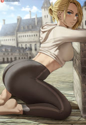 Rule 34 | 1girl, annie leonhart, arched back, ass, barefoot, blonde hair, blue eyes, blue sky, blurry, blurry background, breasts, brick floor, building, closed mouth, commentary, cropped hoodie, day, from side, highres, hood, hood down, hoodie, kneeling, looking at viewer, medium breasts, outdoors, pants, patreon logo, patreon username, shexyo, shingeki no kyojin, sky, solo, striped clothes, striped pants, vertical-striped clothes, vertical-striped pants, watermark, web address, yoga pants