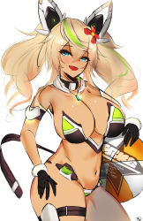 Rule 34 | absurdres, aqua eyes, armband, armor, ball, bikini, bikini armor, black gloves, blonde hair, breasts, cleavage, dark skin, flower hat, gene (pso2), gloves, green hair, hair between eyes, highres, holding, holding ball, jewelry, kyle (kysizzle), long hair, looking at viewer, multicolored hair, necklace, phantasy star, phantasy star online 2, short twintails, simple background, smile, swimsuit, tan, thigh strap, twintails, wavy hair, white background, widow&#039;s peak