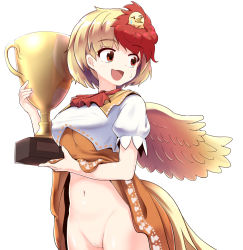 Rule 34 | 1girl, :d, animal, animal on head, bird, blonde hair, blush, breasts, chick, clothes lift, commentary request, covered erect nipples, cowboy shot, dress, dress lift, fang, feathered wings, groin, highres, holding, large breasts, multicolored hair, navel, niwatari kutaka, on head, open mouth, orange dress, puffy short sleeves, puffy sleeves, pussy, red eyes, red hair, red neckwear, shirt, short hair, short sleeves, simple background, skin fang, smile, solo, standing, stomach, sweat, sweatdrop, tada no nasu, touhou, trophy, two-tone hair, white background, white shirt, wings, yellow wings