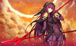 Rule 34 | 1girl, bodysuit, breasts, cloud, covered navel, dual wielding, fate/grand order, fate (series), gae bolg (fate), headdress, holding, holding weapon, kauto, large breasts, long hair, looking at viewer, polearm, purple bodysuit, purple hair, red eyes, scathach (fate), scathach (fate), solo, veil, weapon