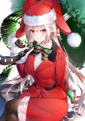 Rule 34 | 1girl, black pantyhose, bow, braid, breasts, closed mouth, collared shirt, commentary request, crossed legs, fate/grand order, fate (series), florence nightingale (fate), florence nightingale (santa) (fate), formal, fur-trimmed headwear, fur-trimmed sleeves, fur trim, gloves, green bow, gun, hair between eyes, hakuishi aoi, hand up, hat, highres, holding, holding gun, holding weapon, jacket, long hair, long sleeves, looking at viewer, medium breasts, over shoulder, pantyhose, pencil skirt, red eyes, red hat, red jacket, red skirt, santa hat, shirt, sitting, skirt, skirt suit, smile, solo, striped, striped bow, suit, very long hair, weapon, weapon over shoulder, white gloves, white hair, white shirt