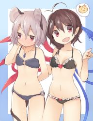 Rule 34 | 2girls, :d, ahoge, akagashi hagane, animal ears, asymmetrical wings, bare shoulders, bikini, black bikini, black hair, blush, bow, breasts, collarbone, cowboy shot, fang, frilled bikini, frills, full-face blush, grey hair, hand on own cheek, hand on own face, houjuu nue, jewelry, looking away, midriff, mouse (animal), mouse ears, mouse tail, multiple girls, nail polish, navel, nazrin, o-ring, o-ring bikini, open mouth, pendant, pointing, pointy ears, red eyes, short hair, short ponytail, shy, side ponytail, small breasts, smile, speech bubble, swimsuit, tail, tiger, touhou, wings