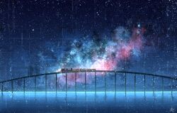 Rule 34 | absurdres, bridge, chinese commentary, cloud, commentary, highres, nebula, night, night sky, no humans, ocean, original, outdoors, rune xiao, scenery, signature, sky, star (sky), starry sky, still life, train