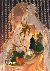 Rule 34 | 1boy, 3girls, abstract background, audrey hall, balance scale, bicycle, black jacket, blonde hair, boots, brooch, chinese commentary, commentary request, copper (copper038), corset, dog, dragon, dress, earrings, flower, gem, gloves, golden retriever, green dress, green eyes, green gemstone, hand fan, highres, jacket, jewelry, long hair, lord of the mysteries, multiple girls, necklace, pants, pearl necklace, shirt, susie (lord of the mysteries), weighing scale, white gloves, white headwear, white pants, white shirt