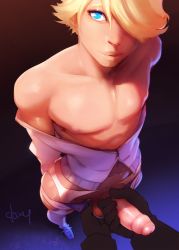 Rule 34 | 1boy, arms behind back, artist name, atlus, bad id, bad pixiv id, bare shoulders, blonde hair, blue eyes, caressing testicles, collarbone, doxy, erection, foreskin, from above, garter belt, gradient background, hair over one eye, handjob, kuma (persona 4), large penis, lips, looking at viewer, looking up, male focus, masturbation, off shoulder, open clothes, open fly, penis, persona, persona 4, pov, pov hands, prostitution, sega, short hair, short shorts, shorts, solo focus, standing, swept bangs, testicles, thighhighs, trap, unzipped, white legwear, wide hips, yaoi