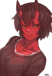 Rule 34 | 1girl, black hair, black shirt, breasts, colored skin, fang, fang out, horns, kidouko (zakusi), looking at viewer, medium breasts, oni, oni horns, original, parted lips, red oni, red skin, shirt, short hair, signature, simple background, slit pupils, smile, solo, white background, yellow eyes, zakusi