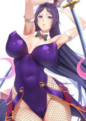 Rule 34 | 1girl, animal ears, armpits, arms behind head, arms up, bare shoulders, blush, breasts, cleavage, covered navel, detached collar, fake animal ears, fate/grand order, fate (series), fishnet pantyhose, fishnets, highleg, highleg leotard, katana, large breasts, leotard, long hair, looking at viewer, minamoto no raikou (fate), pantyhose, parted bangs, parted lips, purple eyes, purple hair, purple leotard, rabbit ears, solo, sword, thighs, very long hair, weapon, wrist cuffs, zucchini