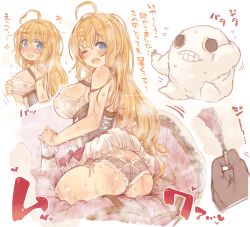 Rule 34 | 1girl, 7010, ahoge, ass, black panties, blue eyes, blush, breasts, butt crack, commentary request, cosplay, gloves, unworn gloves, hair between eyes, large breasts, long hair, looking at viewer, looking back, messy hair, open mouth, orange hair, panties, pecorine (princess connect!), princess connect!, side-tie panties, simple background, smile, solo focus, sweat, translation request, underwear, very long hair, white background, white gloves, zipper