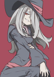 Rule 34 | 1girl, commentary request, enoki-kou, eyeshadow, fangs, grin, hair over one eye, half-closed eyes, hand on own arm, hat, highres, little witch academia, long hair, luna nova school uniform, makeup, purple hair, red background, red eyes, robe, school uniform, simple background, smile, solo, sucy manbavaran, teeth, wide sleeves, witch, witch hat