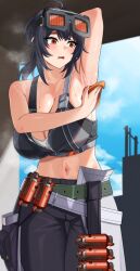 1girl armpits bare_shoulders blue_sky breasts cleavage cloud collarbone commentary_request cowboy_shot day grace_howard hair_between_eyes large_breasts midriff navel open_mouth p-tree paid_reward_available sidelocks sky solo standing sweat wiping_sweat zenless_zone_zero