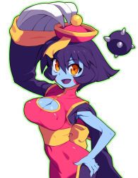 Rule 34 | 1girl, :d, arm up, bad id, bad pixiv id, blue skin, breasts, cleavage, cleavage cutout, clothing cutout, colored skin, covered erect nipples, hair between eyes, hand on own hip, hat, jiangshi, large breasts, lei lei, looking at viewer, metata, oekaki, open mouth, orange eyes, purple hair, qingdai guanmao, short hair, simple background, smile, solo, vampire (game), white background