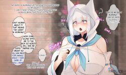 Rule 34 | 1girl, blush, breasts, clothes, english text, female focus, hololive, huge breasts, looking at viewer, medium hair, open mouth, shirakami fubuki, solo, speech bubble, thought bubble, tnolize, virtual youtuber, white hair