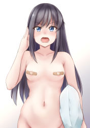 Rule 34 | 1girl, areola slip, arm at side, asashio (kancolle), bandaid, bandaids on nipples, black hair, blue eyes, blush, breasts, collarbone, cowboy shot, gradient background, groin, hand up, highres, holding, holding pillow, kantai collection, koru pera, long hair, navel, nude, open mouth, out-of-frame censoring, pasties, pillow, salute, sidelocks, small breasts, solo, stomach, straight hair, v-shaped eyebrows, white background