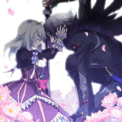 Rule 34 | 1boy, 1girl, black hair, blonde hair, blood, coat, creature, cropped jacket, dress, elize lutus, closed eyes, flower, frills, hand on another&#039;s face, injury, kagio (muinyakurumi), manly, pants, short hair, sword, tales of (series), tales of xillia, teepo (tales), weapon, wingul (tales), yellow eyes
