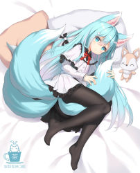 Rule 34 | 1girl, aliter, animal ear fluff, animal ears, bed sheet, black bow, black pantyhose, blue eyes, blue hair, blush, bow, capelet, closed mouth, commentary request, fox ears, fox girl, fox hair ornament, fox tail, frilled capelet, frilled skirt, frills, hair between eyes, hair bow, highres, kitsune, long hair, long sleeves, looking at viewer, lying, multiple tails, no shoes, on side, original, pantyhose, pillow, pleated skirt, shirt, skirt, sleeves past wrists, smile, solo, stuffed animal, stuffed fox, stuffed toy, tail, very long hair, white capelet, white shirt, white skirt