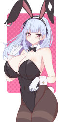 Rule 34 | 1girl, absurdres, alternate costume, animal ears, azur lane, bare shoulders, black bow, black bowtie, black leotard, black pantyhose, blue hair, blunt bangs, blush, border, bow, bowtie, breasts, cleavage, closed mouth, commentary, covered navel, cowboy shot, detached collar, dido (azur lane), fake animal ears, fake tail, gloves, hand up, highleg, highleg leotard, highres, huge breasts, leotard, light blue hair, londom (lonhomewell), long hair, looking at viewer, pantyhose, pink pupils, playboy bunny, purple eyes, rabbit ears, rabbit tail, smile, solo, standing, strapless, strapless leotard, tail, thighband pantyhose, white border, white gloves, wrist cuffs