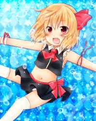 Rule 34 | 1girl, adapted costume, ascot, blonde hair, blush, chiya58, female focus, hair ribbon, navel, open mouth, outstretched arms, red eyes, ribbon, rumia, sleeveless, solo, touhou