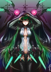 Rule 34 | 1girl, absurdres, against wall, badcompzero, breasts, center opening, cleavage, green eyes, green hair, hatsune miku, hatsune miku (append), headgear, highres, long hair, looking at viewer, machinery, matching hair/eyes, navel, solo, standing, stomach, very long hair, vocaloid, vocaloid append, wall