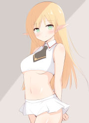 Rule 34 | 1girl, bare arms, bare shoulders, black necktie, blonde hair, blush, breasts, character request, closed mouth, collared shirt, crop top, dot nose, green eyes, grey background, highres, iris mysteria!, long hair, medium breasts, microskirt, midriff, navel, necktie, parted bangs, pleated skirt, pointy ears, shirt, short necktie, skirt, sleeveless, sleeveless shirt, smile, solo, underboob, very long hair, white shirt, white skirt, yuu (yumezakura)