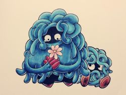 Rule 34 | artist request, boots, bow, creature, creatures (company), evolutionary line, flower, full body, game freak, gen 1 pokemon, gen 4 pokemon, head wreath, looking at another, nintendo, no humans, plant, plant monster, pokemon, pokemon (creature), sitting, tangela, tangrowth, tentacles, traditional media