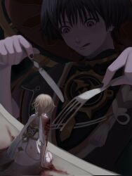 Rule 34 | 1boy, 1girl, black nails, blonde hair, blood, blood on arm, commentary, couple, dress, english commentary, fork, genshin impact, hand on own arm, hat, hetero, highres, holding, holding fork, holding knife, japanese clothes, jewelry, knife, licking lips, lumine (genshin impact), mini person, minigirl, nail polish, necklace, purple eyes, purple hair, scaramouche (genshin impact), short hair, size difference, suk kami, tongue, tongue out, white dress