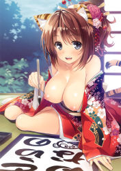 Rule 34 | 1girl, :d, absurdres, animal ears, arm support, bare shoulders, blue eyes, breasts, brown hair, calligraphy, calligraphy brush, cleavage, comic toranoana, floral print, flower, hair flower, hair ornament, hair stick, highres, japanese clothes, kimono, kotora (toranoana), large breasts, looking at viewer, nipples, off shoulder, open mouth, original, paintbrush, ponytail, sitting, smile, solo, tabi, tail, tatami, tiger ears, tiger tail, yokozuwari, yuujo, yuuki hagure