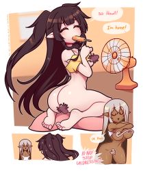 Rule 34 | 2girls, ass, barefoot, black hair, breasts, censored, dark-skinned female, dark skin, electric fan, elf, english text, closed eyes, feet, female focus, food, from behind, full body, highres, long hair, multiple girls, nude, original, pointy ears, popsicle, re-sublimity-kun, soles, toes