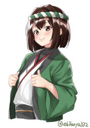 Rule 34 | 1girl, brown eyes, brown hair, commentary request, ebifurya, hachimaki, happi, headband, highres, hyuuga (kancolle), japanese clothes, kantai collection, looking at viewer, nontraditional miko, short hair, simple background, solo, twitter username, undershirt, upper body, white background