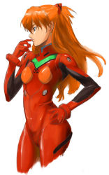Rule 34 | 1girl, bad id, bad pixiv id, blue eyes, bodysuit, bracer, breasts, cowboy shot, cropped legs, finger to mouth, from side, gloves, hair between eyes, hair ornament, hand on own hip, long hair, miyata ryuuichi, neon genesis evangelion, orange hair, pilot suit, plugsuit, profile, simple background, small breasts, solo, souryuu asuka langley, turtleneck, two side up, very long hair, white background, wide hips