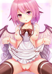 Rule 34 | 1girl, animal ears, apron, blush, breasts, cleft of venus, clothes lift, collarbone, ebi 193, female focus, mystia lorelei, naked apron, nipples, no bra, no panties, open mouth, pink eyes, pink hair, pussy, short hair, skirt, skirt lift, solo, thighhighs, touhou, uncensored, wings