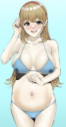 Rule 34 | 1girl, absurdres, big belly, bikini, blue bikini, blue eyes, blush, breasts, brown hair, hairband, hand on own stomach, headband, highres, lactation, lactation through clothes, large breasts, long hair, looking at viewer, open mouth, original, pregnant, red hairband, smile, solo, stain, standing, swimsuit, tantanmen72, wet
