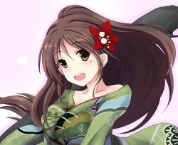 Rule 34 | 10s, 1girl, amagi (kancolle), brown eyes, brown hair, camouflage, collarbone, furisode, hair between eyes, highres, japanese clothes, kantai collection, kimono, kuno (k u n o), looking at viewer, mole, mole under eye, open mouth, ponytail, solo