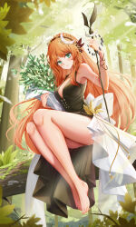 Rule 34 | 1girl, absurdres, armpits, bare arms, bare legs, bare shoulders, barefoot, black dress, bouquet, breasts, cleavage, closed mouth, crescent, crescent hair ornament, day, dress, druvis iii, flower, forest, full body, grass, green eyes, hair ornament, hands up, highres, holding, holding bouquet, holding staff, leaf hair ornament, log, long dress, long hair, looking at viewer, medium breasts, mistletoe, nature, orange hair, outdoors, reverse:1999, sitting, sitting on log, sleeveless, sleeveless dress, smile, solo, staff, sunlight, tree, v-neck, yuheng-art