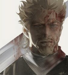 Rule 34 | 1boy, askeladd, backlighting, beard, black shirt, blonde hair, blood, blood in hair, blood on clothes, blood on face, bloody weapon, blue eyes, closed mouth, expressionless, facial hair, highres, looking at viewer, male focus, over shoulder, portrait, qvlv kuzi feichuan, scarf, shirt, short hair, signature, simple background, solo, sword, viking, vinland saga, weapon, weapon over shoulder, white background, white scarf