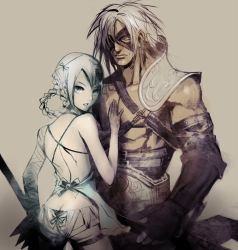 Rule 34 | 1boy, 1girl, ass, back, backless outfit, bandages, bare back, blue eyes, braid, butt crack, couple, hetero, kaine (nier), lingerie, looking back, moreshan, negligee, nier, nier (character), nier (father), nier (series), aged up, panties, ribbon, short hair, sword, thigh strap, underwear, weapon, white hair, white panties