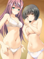 Rule 34 | 2girls, black hair, blue eyes, blush, bob cut, bow, bow bra, bow panties, bra, breasts, brown eyes, brown hair, closed mouth, commentary request, hands on own hips, large breasts, light frown, long hair, looking at viewer, maki (seventh heaven maxion), medium breasts, multiple girls, navel, nipple slip, nipples, original, panties, short hair, side-by-side, standing, topless, underwear, underwear only, white bra, white panties