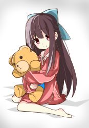 Rule 34 | 1girl, brown eyes, brown hair, child, doll, dress, hair ribbon, highres, hug, long hair, looking at viewer, ribbon, rin (shelter), shelter (song), simple background, sitting, smile, solo, stuffed animal, stuffed toy, teddy bear, vanna