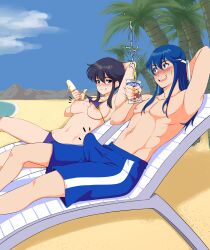 Rule 34 | 1boy, 1girl, absurdres, assertive female, bad source, beach, bikini, bikini pull, bikini top lift, black hair, blue hair, blue male swimwear, blue swim trunks, blush, breasts, bulge, chair, clothes lift, clothes pull, come hither, commission, commissioner upload, couple, crushing, day, drinking straw, dripping, erection, erection under clothes, eye contact, fire emblem, fire emblem: genealogy of the holy war, fire emblem heroes, food, hair down, headband, highres, holding, holding food, holding popsicle, ice cream, juice box, larcei (fire emblem), lifted by self, looking at another, lounge chair, lying, male swimwear, medium breasts, melting, naughty face, navel, nervous, nervous sweating, nintendo, nipples, ocean, open mouth, palm tree, popsicle, presenting, rs40uchiha, seductive smile, seliph (fire emblem), sexually suggestive, single vertical stripe, smile, smug, summer, sweat, swim trunks, swimsuit, tomboy, tree