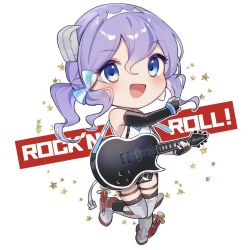 Rule 34 | 1girl, black gloves, black thighhighs, blue eyes, blush, elbow gloves, electric guitar, fingerless gloves, full body, gloves, guitar, hair between eyes, holding, holding instrument, instrument, kantai collection, langley (kancolle), long hair, open mouth, purple hair, rudder footwear, simple background, smile, solo, thighhighs, white background, yamashichi (mtseven)