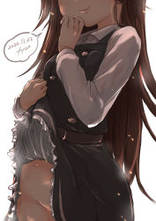 Rule 34 | 1girl, arashio (kancolle), artist name, brown eyes, brown hair, clothes lift, cowboy shot, dated, dress, dress lift, frilled dress, frills, fyuo, head out of frame, highres, kantai collection, lifting own clothes, long hair, no panties, pinafore dress, shirt, simple background, sleeveless dress, smile, solo, speech bubble, standing, white background, white shirt