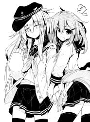 Rule 34 | 10s, 2girls, ^^^, ai takurou, anchor symbol, blush, clothes around waist, collarbone, cowboy shot, eyebrows, fang, flat cap, from side, greyscale, hair between eyes, hair ornament, hairclip, hand on another&#039;s shoulder, hat, hibiki (kancolle), ikazuchi (kancolle), kantai collection, long hair, long sleeves, looking at viewer, monochrome, multiple girls, navel, neckerchief, open mouth, pleated skirt, school uniform, serafuku, sidelocks, simple background, sketch, skirt, sleeves past wrists, smile, standing, thighhighs, white background, zettai ryouiki