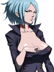 Rule 34 | 00s, 1girl, aqua hair, blue hair, breasts, bursting breasts, cleavage, cleavage reach, covered erect nipples, dragonaut, dress, fumio (rsqkr), huge breasts, jacket, light blue hair, lips, looking at viewer, short hair, simple background, solo, white background, widow (dragonaut), yellow eyes