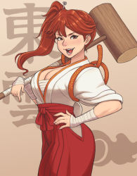 Rule 34 | 1girl, bandages, bandaged arm, bandages, breasts, brown hair, cleavage, commentary request, fang, hair ornament, hairpin, hakama, hakama skirt, hand on own hip, highres, holding, holding weapon, huge weapon, japanese clothes, large breasts, lips, long hair, mallet, maou alba, miko, open mouth, over shoulder, red eyes, red hakama, sakura taisen, sarashi, shin sakura taisen, shinonome hatsuho, short sleeves, side ponytail, skirt, solo, weapon, weapon over shoulder