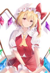 Rule 34 | 1girl, absurdres, ascot, barefoot, blonde hair, bow, breasts, buttons, closed mouth, collared shirt, commentary request, crystal, eyes visible through hair, flandre scarlet, frills, hair between eyes, hair ribbon, hat, hat bow, highres, jewelry, looking to the side, medium breasts, mob cap, multicolored wings, one side up, puffy short sleeves, puffy sleeves, red bow, red eyes, red ribbon, red skirt, red vest, ribbon, seiza, shadow, shirt, short hair, short sleeves, simple background, sitting, skirt, solo, touhou, v-shaped eyebrows, vest, vuiora, white background, white hat, white shirt, wings, yellow ascot